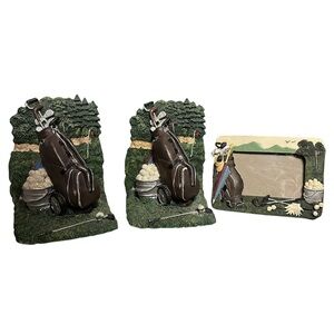 Golf Bookends & Picture Frame Bundle Americana Golf Collection Clubs Bags Balls